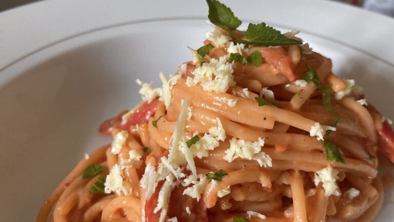 Tomato spaghetti is nicely placed on a ceramic plate, garnished with shredded cheese and celery on top.